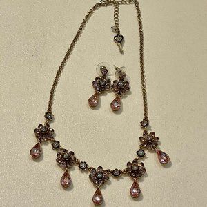 Betsey Johnson Lilac Flower and Pink Teardrop Statement Necklace and Earring Set